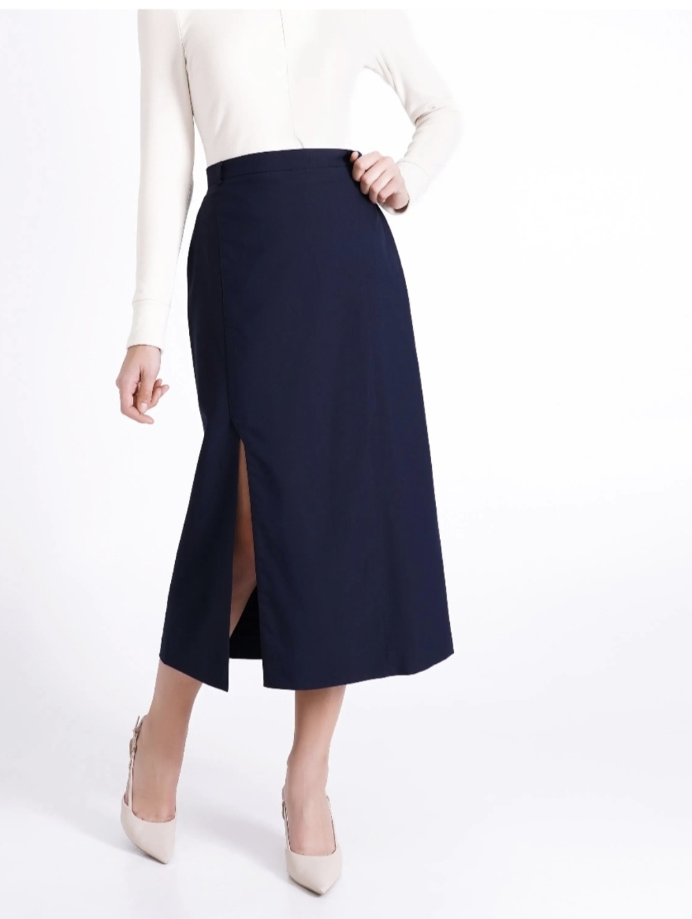 Vintage Laura Gayle Navy Blue Long Straight Skirt with Side Slit, Petite Size 8